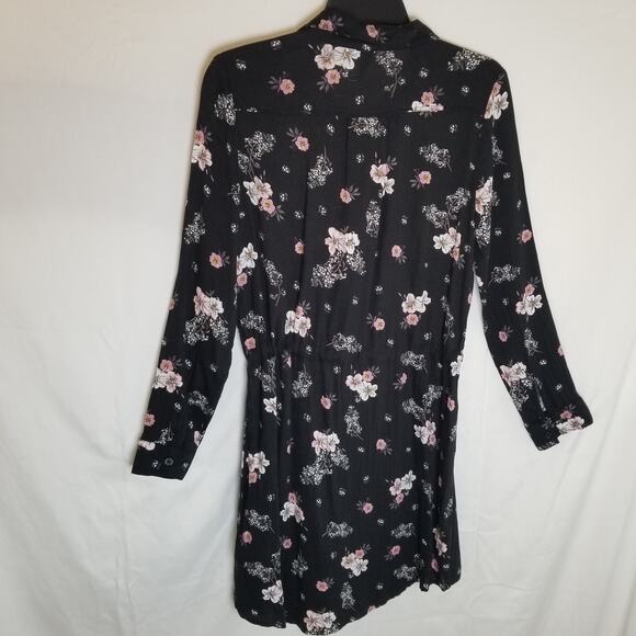 Divided Women's Mini Black Floral Dress Button Up Long Cuffed Sleeves Size 6 - Picture 3 of 10
